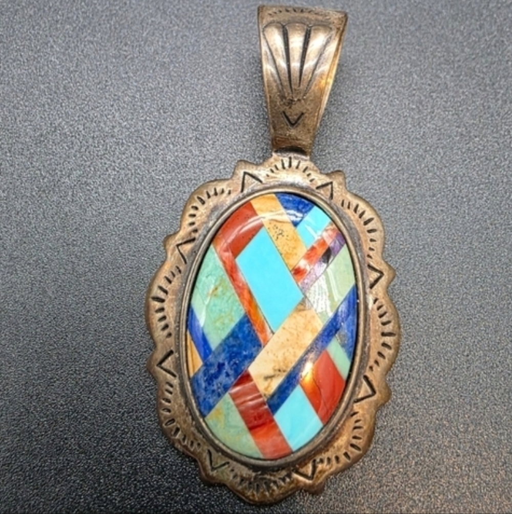 Vintage Carolyn Pollack Multicolor 925 Silver Inlay Oval Pendant